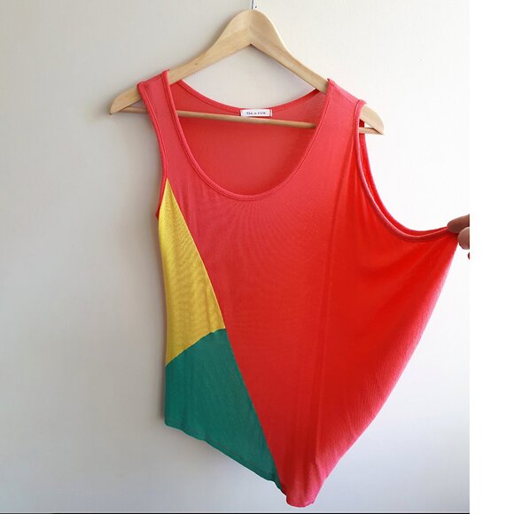 TEA N ROSE Asymmetrical Sleeveless Tank Top Colorblock Coral Orange Yellow Green - Picture 2 of 14